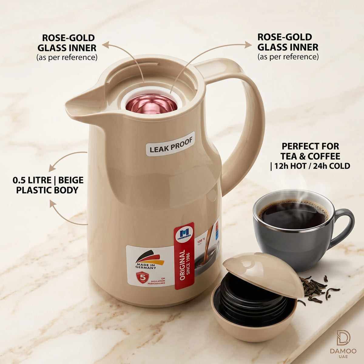 Markutec German-made Beige vaccum flask – 0.5 Litre | Plastic Body | Leak Proof | Keeps Tea and Coffee Hot or Cold