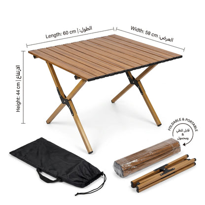 Portable Folding Roll-Up Alluminium Alloy Camping Table – Wood Effect, 44 x 58 x 60 cm | Slatted Picnic Table