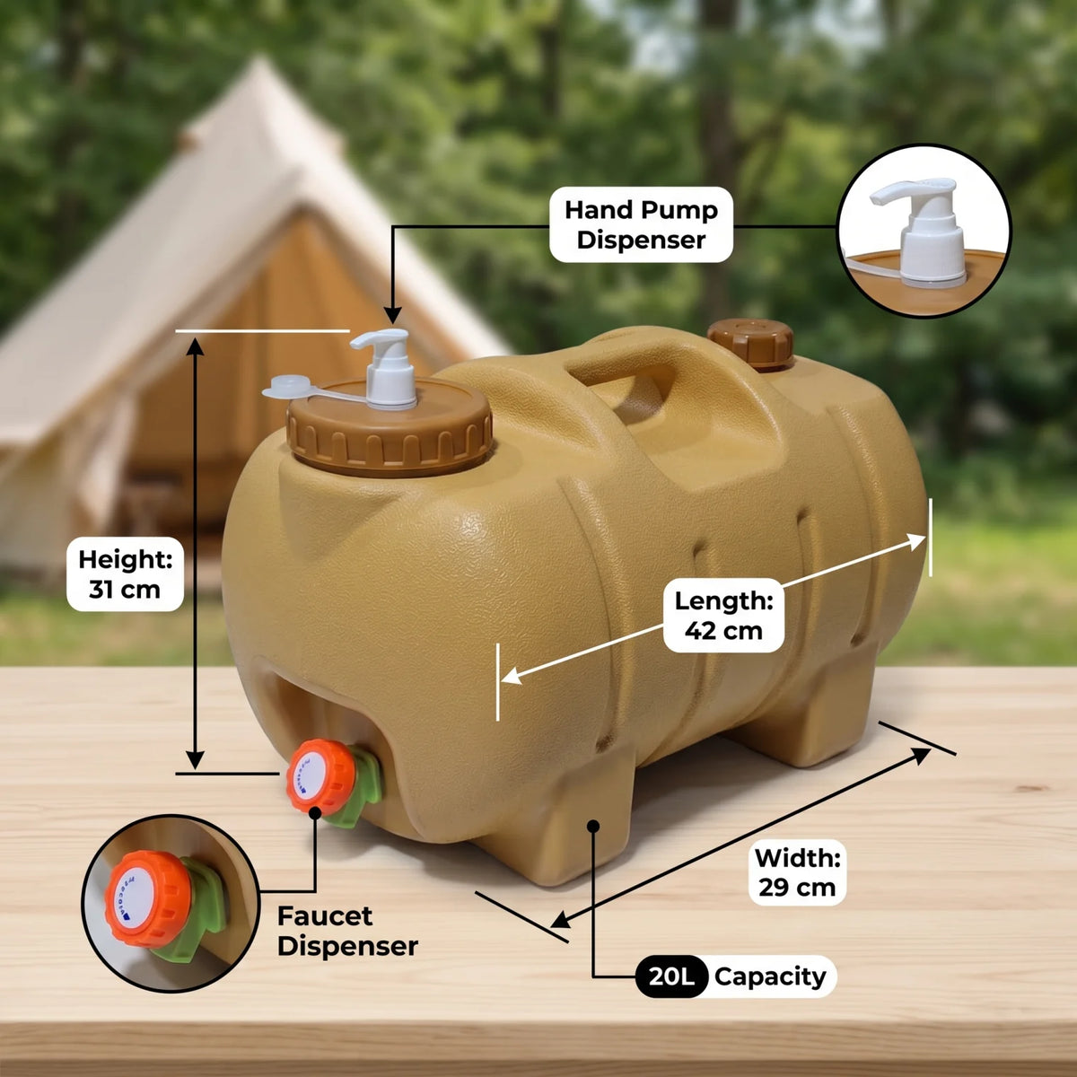 20L Portable Camping Water Container with Faucet and Pump Dispenser – Tan Molded Plastic, 31 x 29 x 42 cm for Outdoor Water Storage