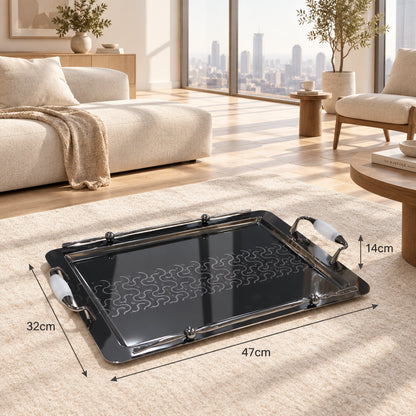 Ansa Luxury Metal Serving Tray – 47 x 32 x 14cm | Geometric Pattern, Raised Rim and Side Handles | Multiple Colour Options - Black - White - Image 2