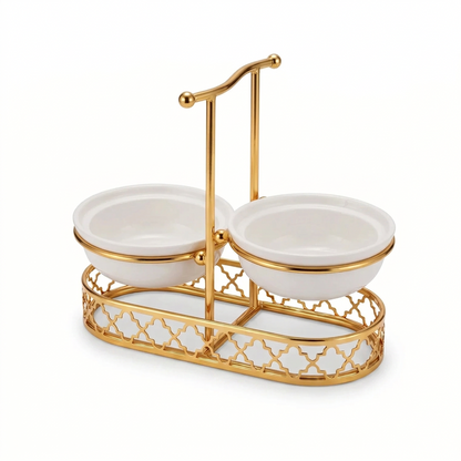 Pilsco Stainless Steel, ceramic white and golden Double Ladle Holder – Vertical Spoon Rest, Two Ceramic Areas, 19 x 11 x 22 cm Kitchen Stand