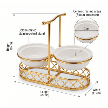 Pilsco Stainless Steel, ceramic white and golden Double Ladle Holder – Vertical Spoon Rest, Two Ceramic Areas, 19 x 11 x 22 cm Kitchen Stand - Design-1 - Image 2