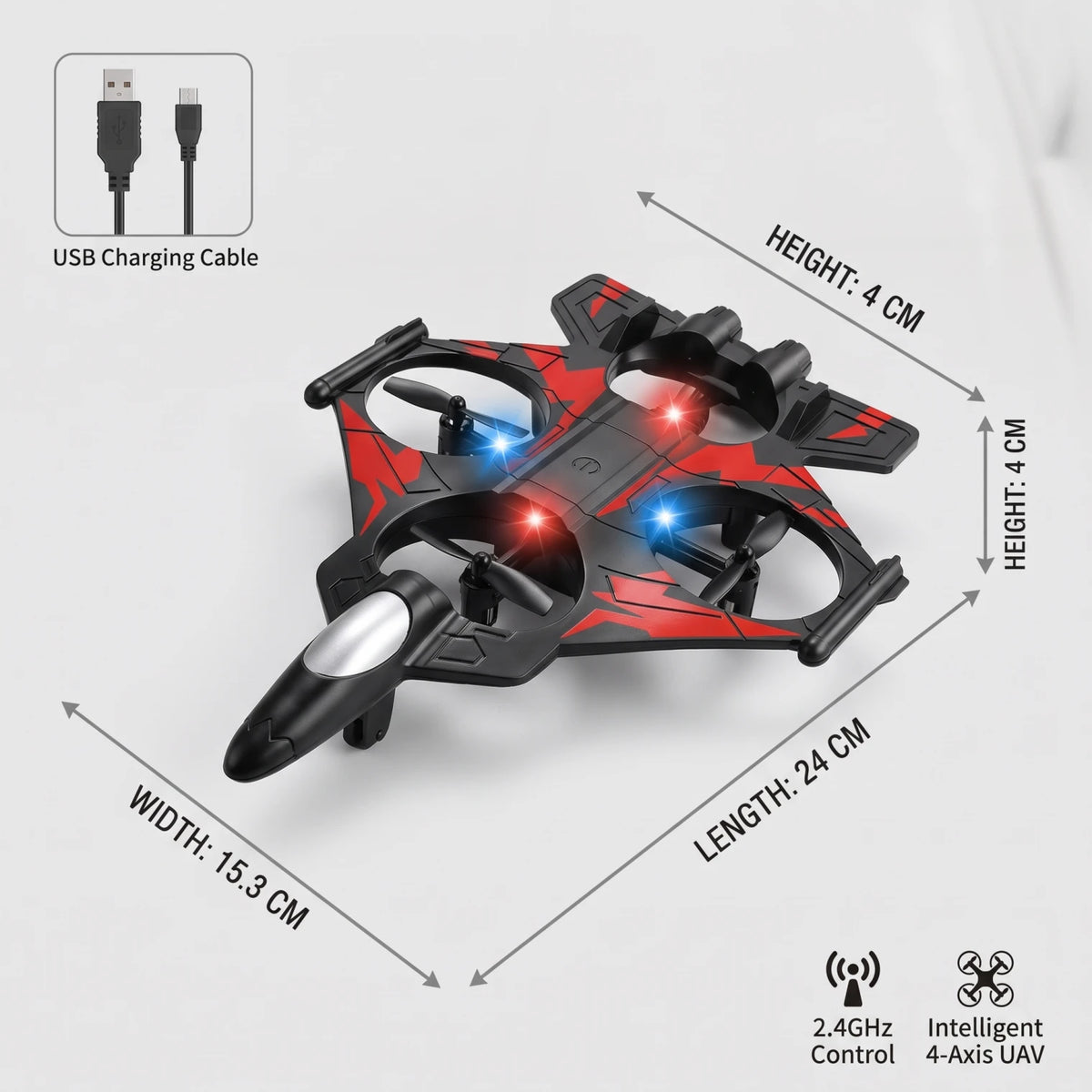 FIGHTER PLANE Remote-Controlled Toy Fighter Plane – 2.4GHz Four-Axis Aircraft with LED Light, Gyro, 360° Eversion and USB Charging