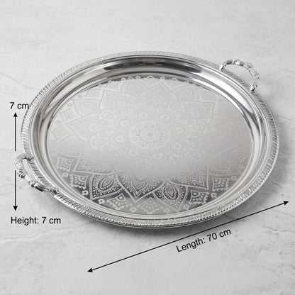 M.E.W Round Stainless Steel Serving Tray – Large & Extra Large | Mandala Floral Pattern | Decorative Handles | Silver, Gold & Silver - Gold - Silver / Extra Large - Image 2