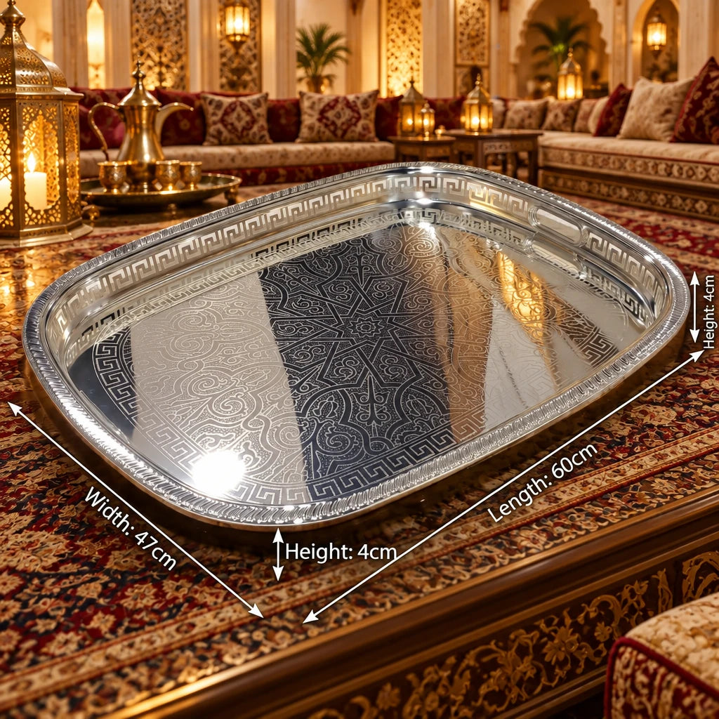 M.E.W Luxury Metal Serving Tray with Mirrored Center – Small, Medium or Large | Silver or Gold | Engraved Greek Key Border - Silver / Large - Image 2