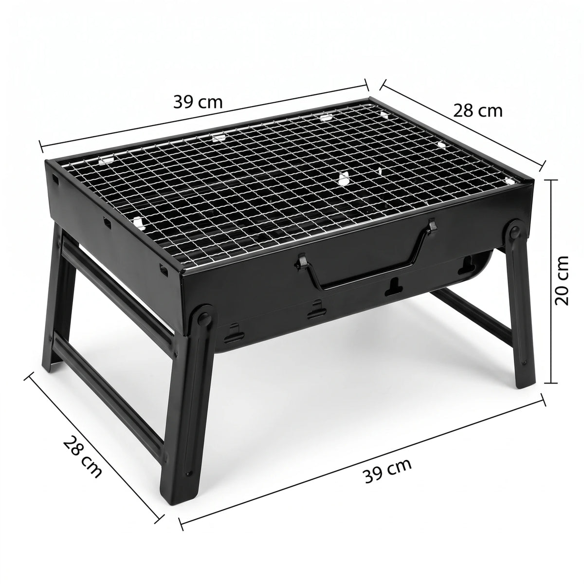Portable Barbeque Charcoal Grill Black – 39 x 28 x 20cm | Metal Cooking Grate, Four-Leg Stand, Ventilation Openings for Camping & Picnics