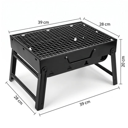 Portable Barbeque Charcoal Grill Black – 39 x 28 x 20cm | Metal Cooking Grate, Four-Leg Stand, Ventilation Openings for Camping & Picnics