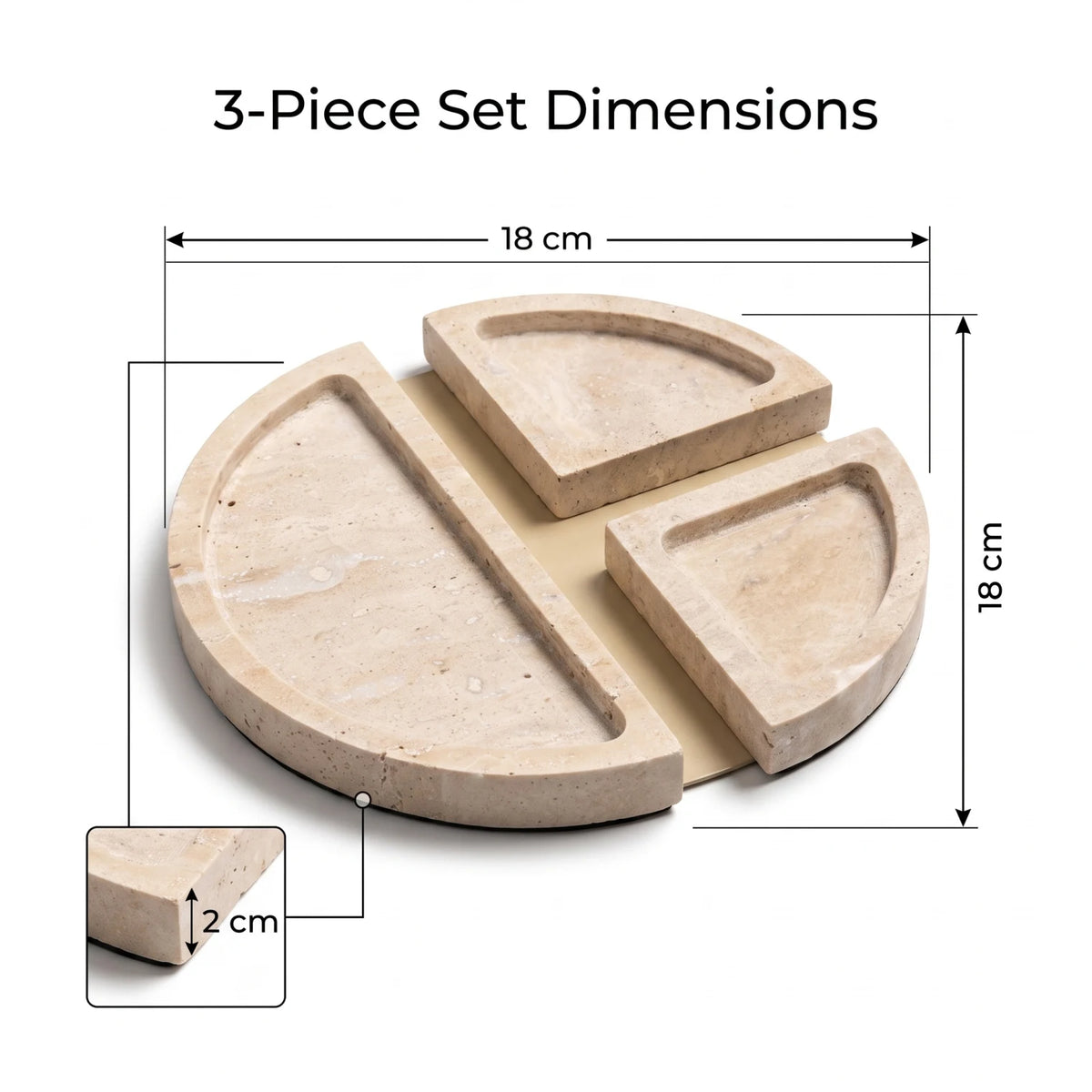 Natural Travertine Stone Tray 3 Pieces Set – 18 x 18 x 2 cm | Beige Stone Serving and Decorative Trays