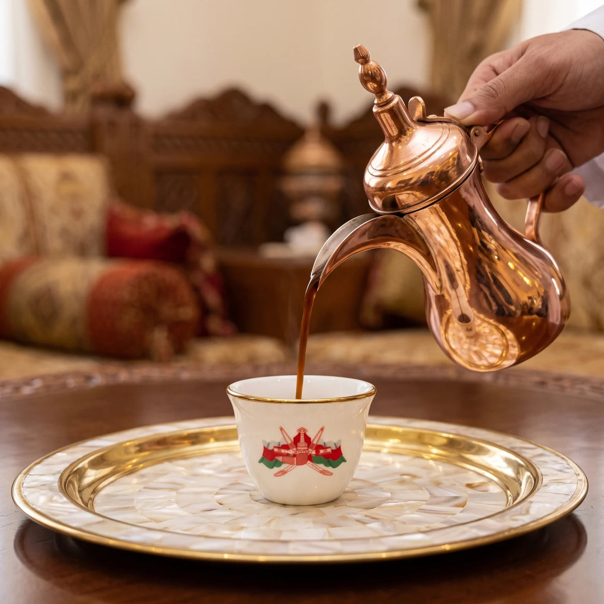 Pilsco 12-Piece Arabic Coffee Cup Set – White Small Drinking Cups with Gold-Colored Rims, Red and Green Emblems, Boxed Serving Set