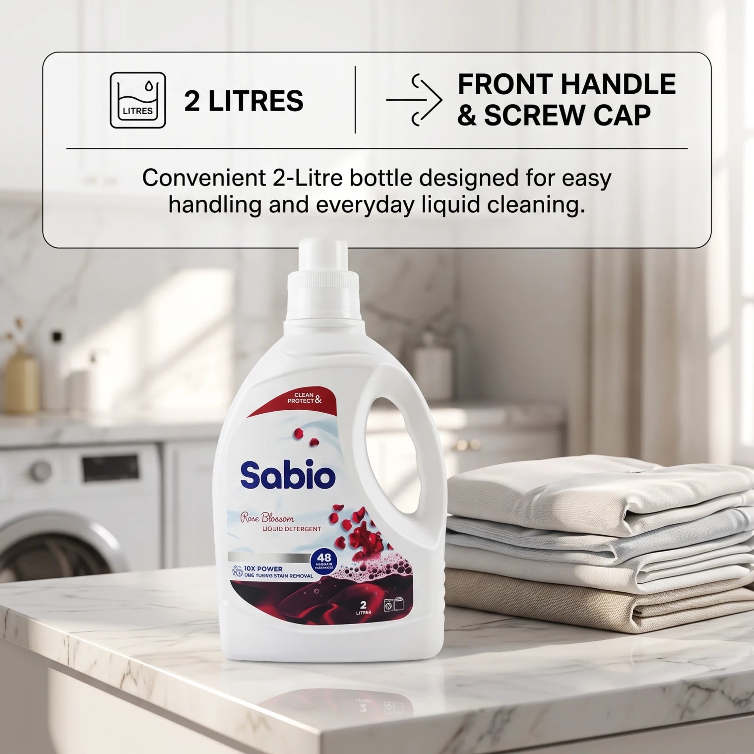 Sabio Liquid Detergent Rose Blossom – 2 Liters | 10X Power for Tough Stain Removal | 48 Hours of Freshness | Liquid Cleaning