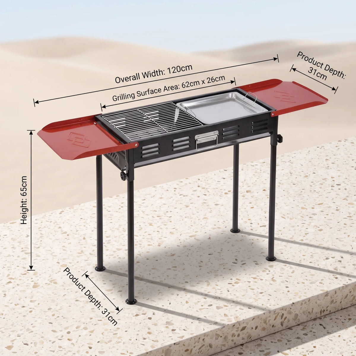 Portable Folding Stainless Steel Charcoal Barbecue Grill with Red Side Shelves and Removable Legs – Outdoor Cooking Grill