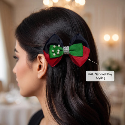 UAE Color Hair Clip – Layered Black, Green and Red Bow with Faux Pearls and Silver-Tone Jeweled Centre for National Day Styling