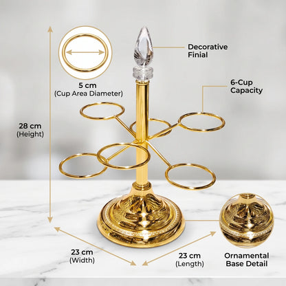 Ansa Steel Cawa Cup Holder – 6-Cup Arabic Coffee Stand | Freestanding Tabletop Rack with Decorative Base, 28 cm Height, 23 x 23 cm Footprint - Gold - Image 2