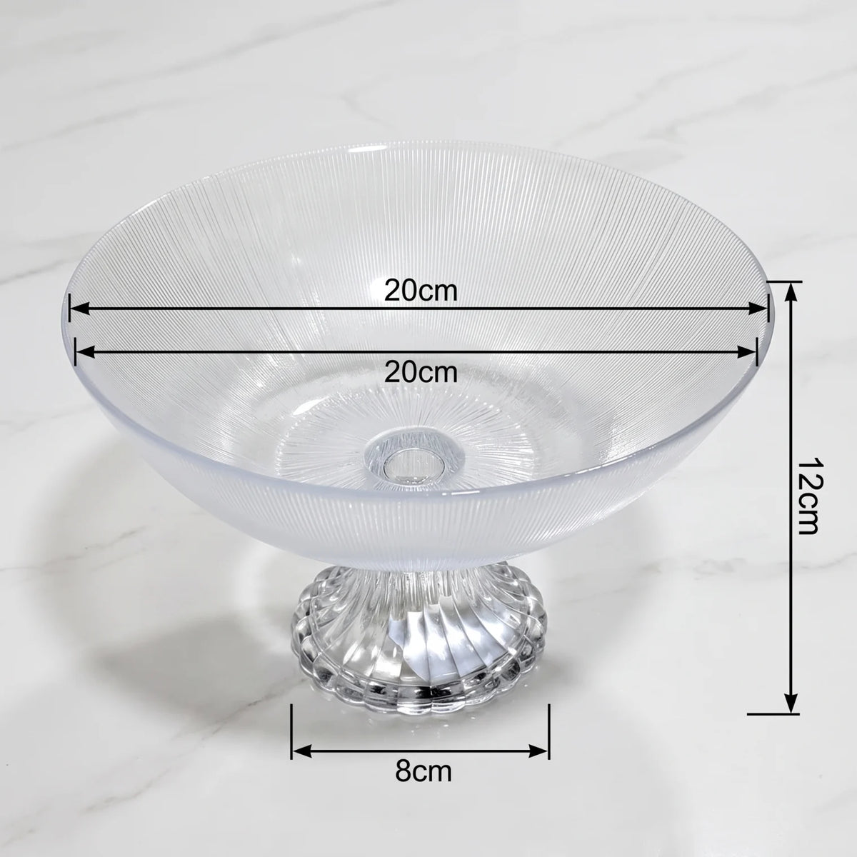 Clear Glass Pedestal Fruit Bowl 20cm – Textured Footed Base, Decorative Tabletop Display