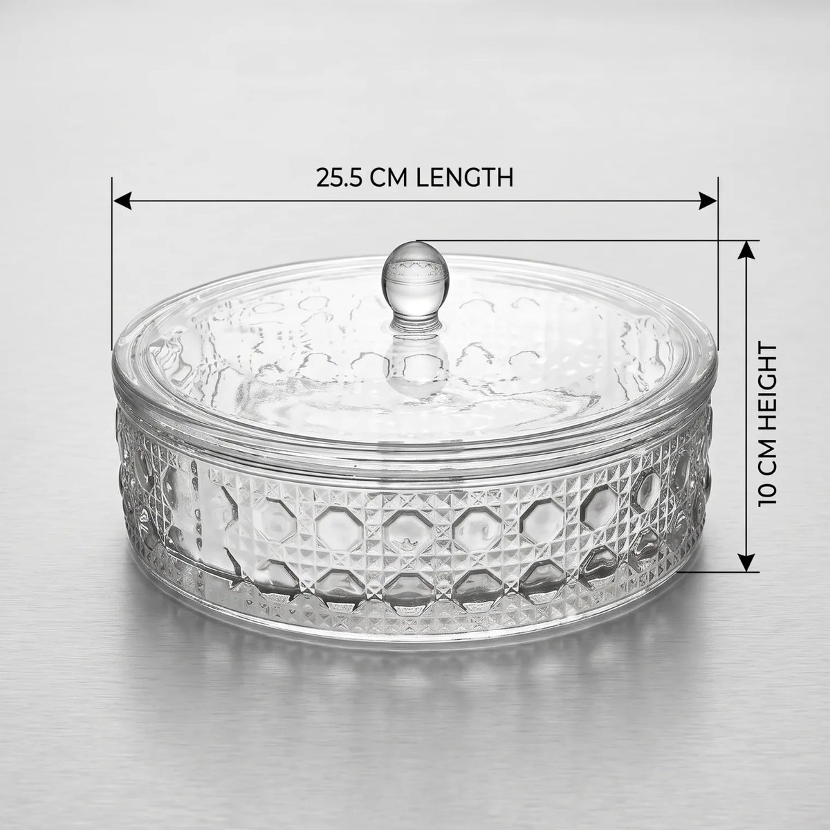 AML Glass Candy Pot – 25.5 CM Covered Glass Dish with Clear Dome Lid and Decorative Geometric Pattern
