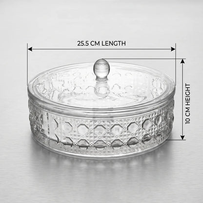 AML Glass Candy Pot – 25.5 CM Covered Glass Dish with Clear Dome Lid and Decorative Geometric Pattern