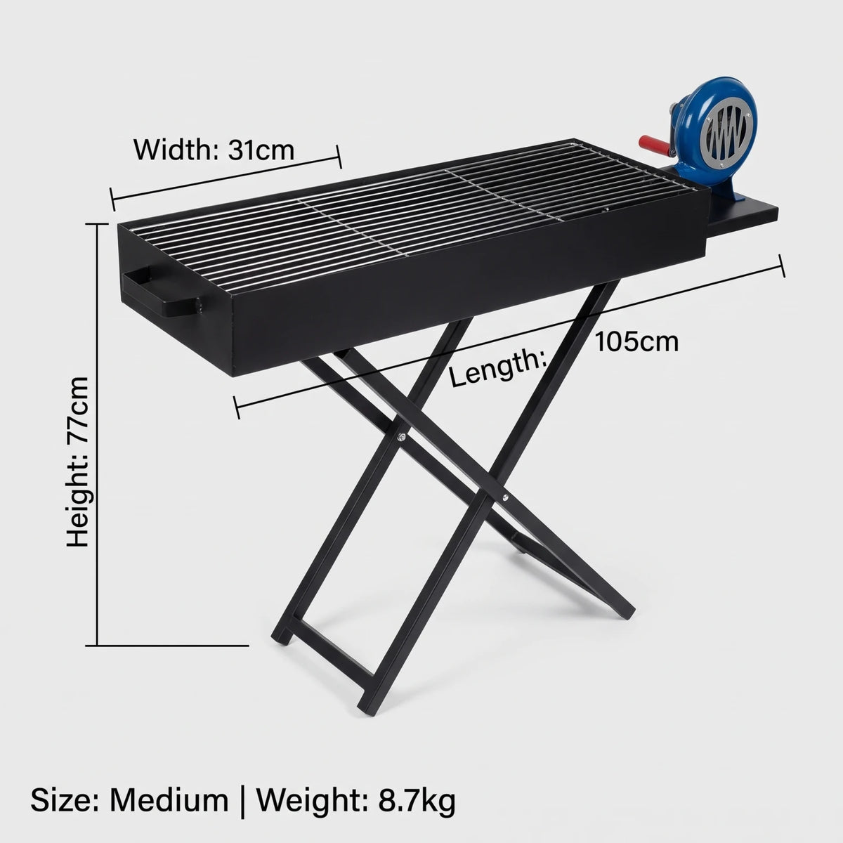 Foldable Charcoal BBQ Grill with Blower Fan – Small & Medium Sizes | Black Metal Outdoor Barbecue for Camping, Tailgating and Backyard Cooking - Medium - Image 2