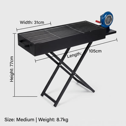 Foldable Charcoal BBQ Grill with Blower Fan – Small & Medium Sizes | Black Metal Outdoor Barbecue for Camping, Tailgating and Backyard Cooking - Medium - Image 2