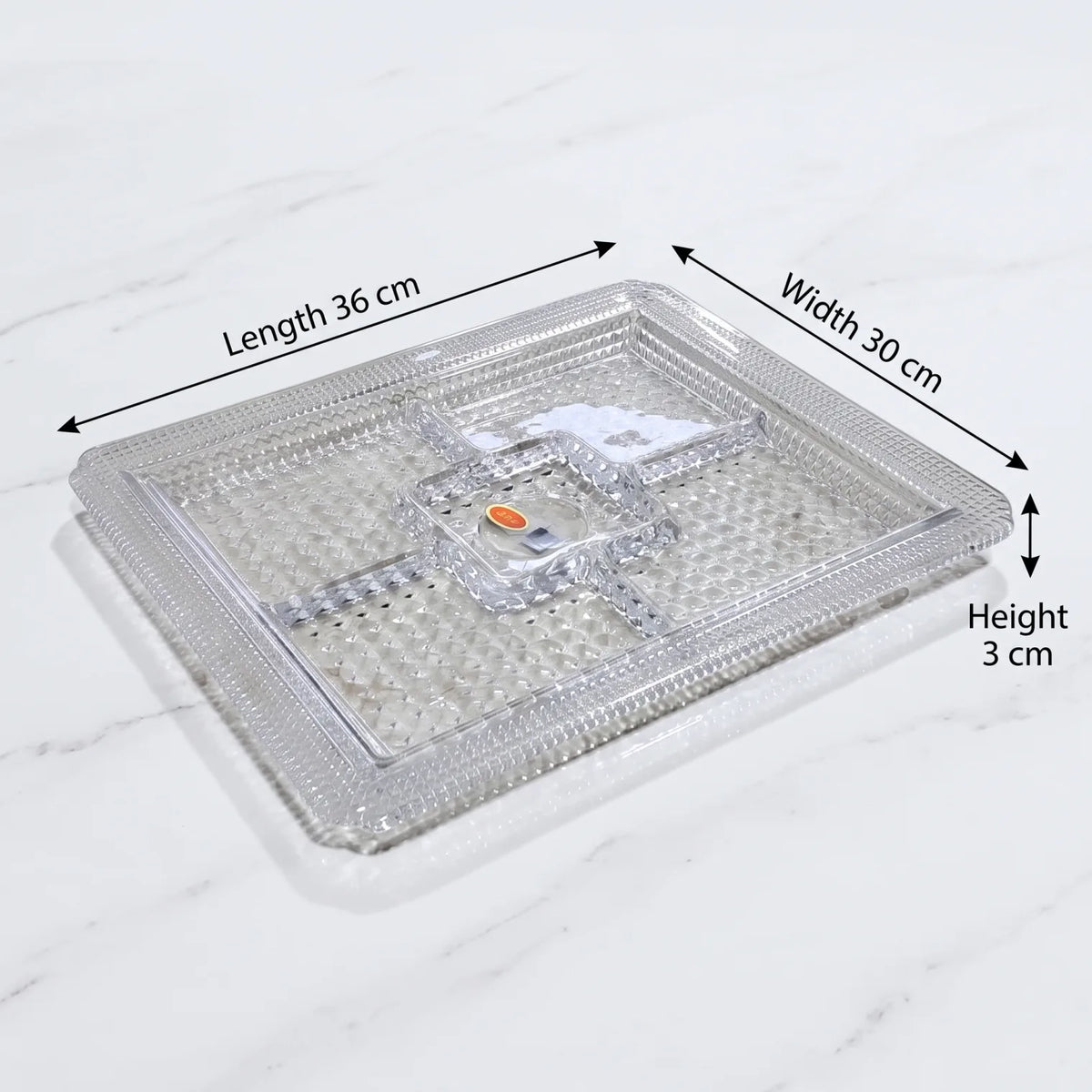 Premium Square 5-Section Glass Serving Tray – 3 cm x 30 cm x 36 cm | Textured Diamond Pattern for Nuts, Desserts & Dry Fruits