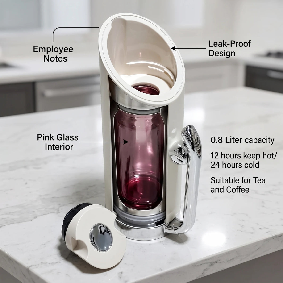 MAHRA Cream vaccum flask 0.8 Liter – Plastic Body | Steel Handle and Base | Leak Proof Tea and Coffee Flask