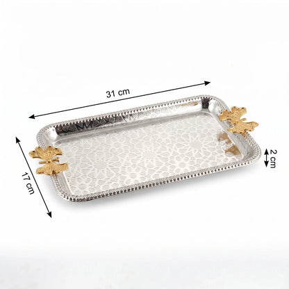 Rectangular Silver-Finished Serving Tray 31 x 17 cm – Geometric Engraving | Gold-Toned Butterfly Handles
