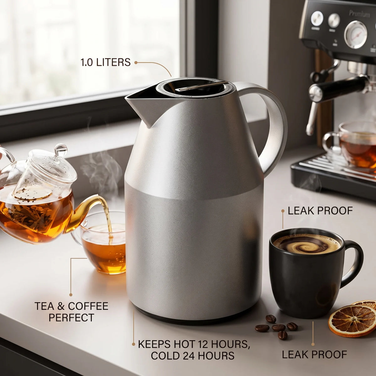 Parati Vacuum Flask 1.0 Liters – Leak Proof | Pink Glass Interior | Keeps Tea and Coffee Hot 12 Hours, Cold 24 Hours