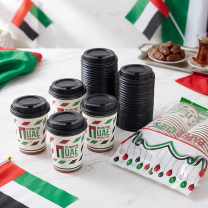 30-Piece 9 oz Paper Cups with Lids – UAE National Day Design | Balloon Graphics | Red, Green, Black & White Celebration Drink Cups