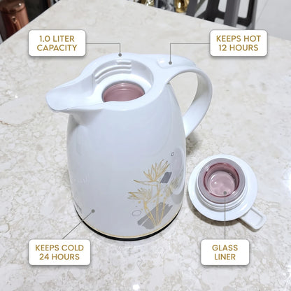 Regal White Vacuum Flask 1.0 Liter – Luxury Floral Design | Leak Proof | Keeps Hot 12 Hours and Cold 24 Hours