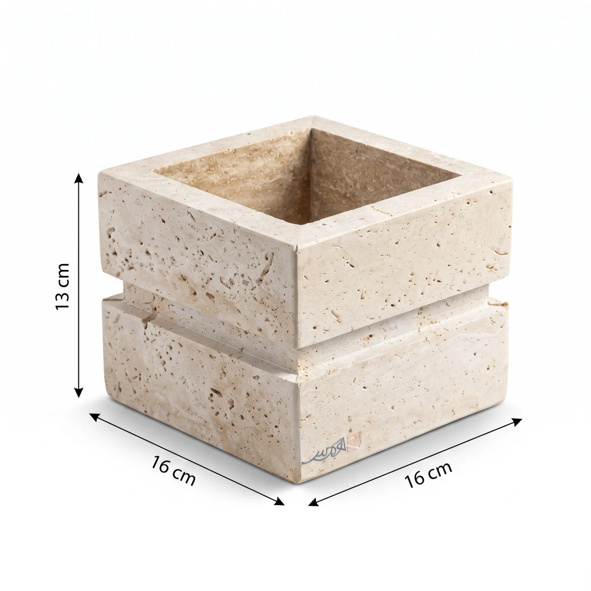 Natural Stone Travertine Vase – 13 x 16 x 16 cm | Off-White & Beige | Square Open-Top Design | Textured Home Décor