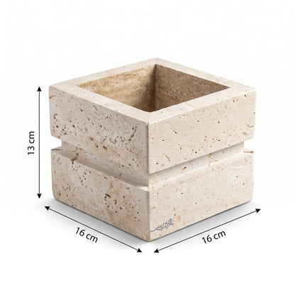 Natural Stone Travertine Vase – 13 x 16 x 16 cm | Off-White & Beige | Square Open-Top Design | Textured Home Décor