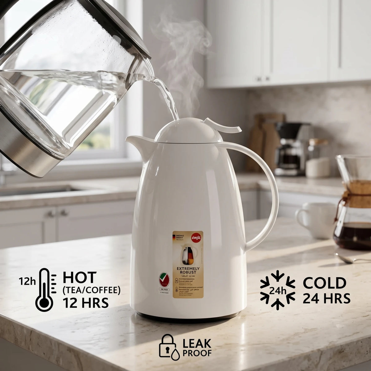 Emsa Auberge Quick Tip White Vacuum Flask – 1.5 Litre | Leak Proof | Keeps Drinks Hot for 12 Hours and Cold for 24 Hours