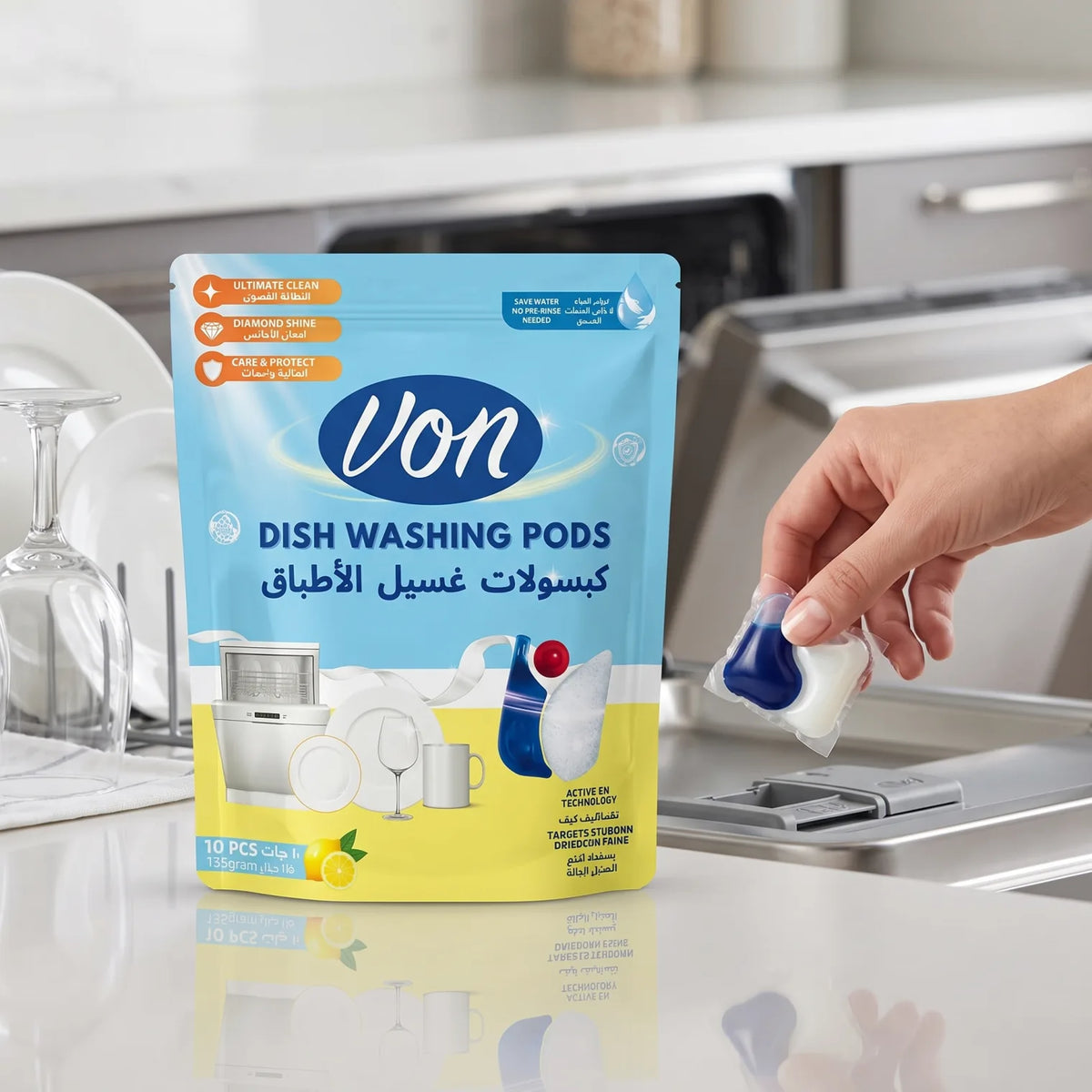 Vim DISH WASHING PODS 135gram, 10 PCS – Ultimate Clean with Diamond Shine, Care & Protect, Active Enzyme Technology, No Pre-Rinse Needed