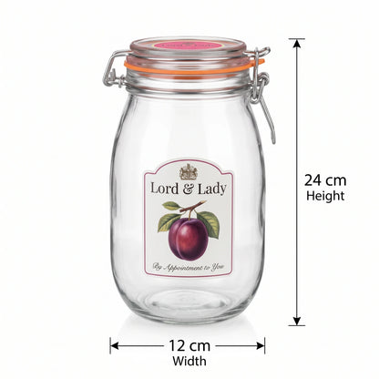 Lord & Lady Oval Glass Storage Jar – 24cm Height, 12cm Width | Airtight Lockable Clamp Lid | Clear Glass with Metal Clasp and Coloured Seal