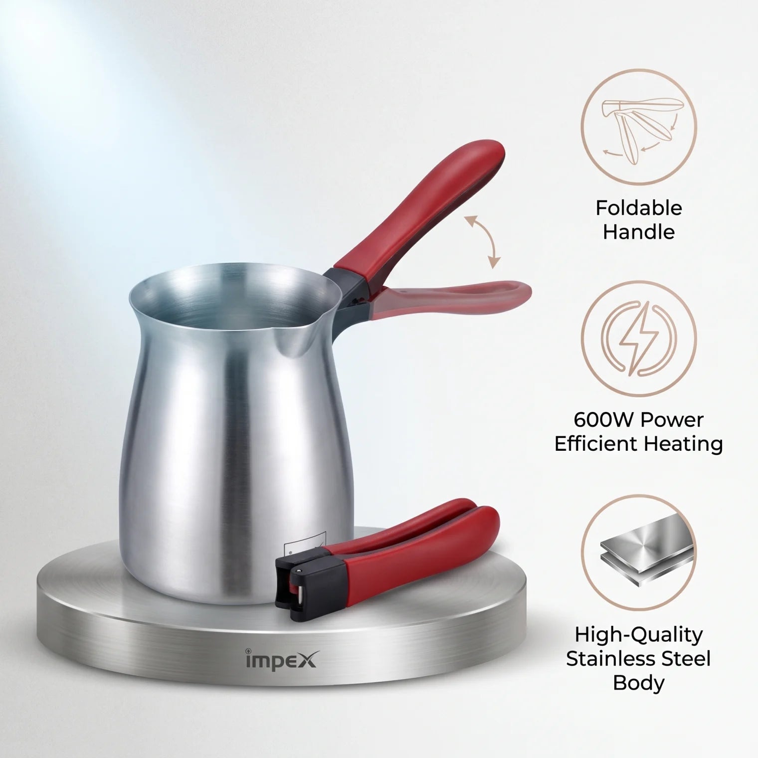Impex Turkish Coffee Maker TCM 1001 – 600W Stainless Steel Body with Foldable Red Handle