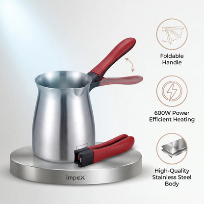 Impex Turkish Coffee Maker TCM 1001 – 600W Stainless Steel Body with Foldable Red Handle