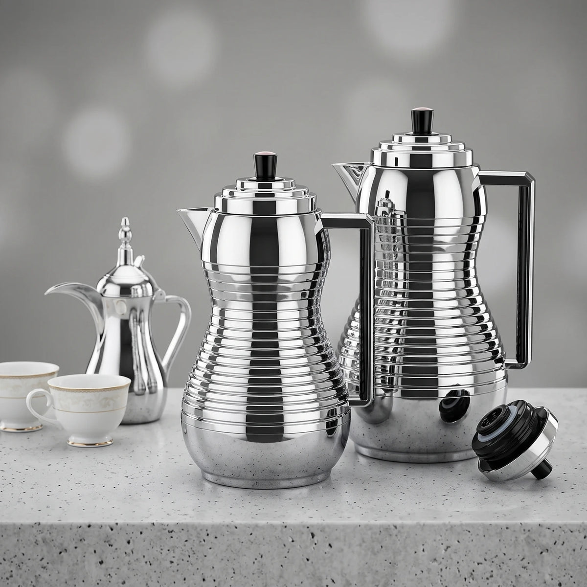 Regal 2 Piece Ribbed Design Chrome Finish Flask Set – 0.7 + 1.0 Liters | Leak Proof Tea and Coffee Flasks