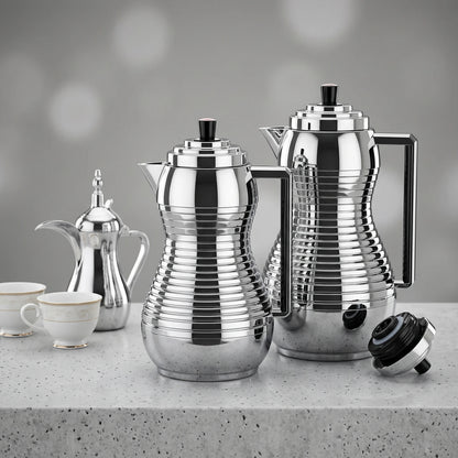 Regal 2 Piece Ribbed Design Chrome Finish Flask Set – 0.7 + 1.0 Liters | Leak Proof Tea and Coffee Flasks