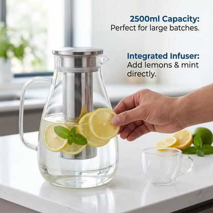 FAMILYSHIP Borosilicate Glass Jug 2500ml – Built-In Infuser, Fitted Lid, Spout and Handle | Clear Tea and Beverage Server