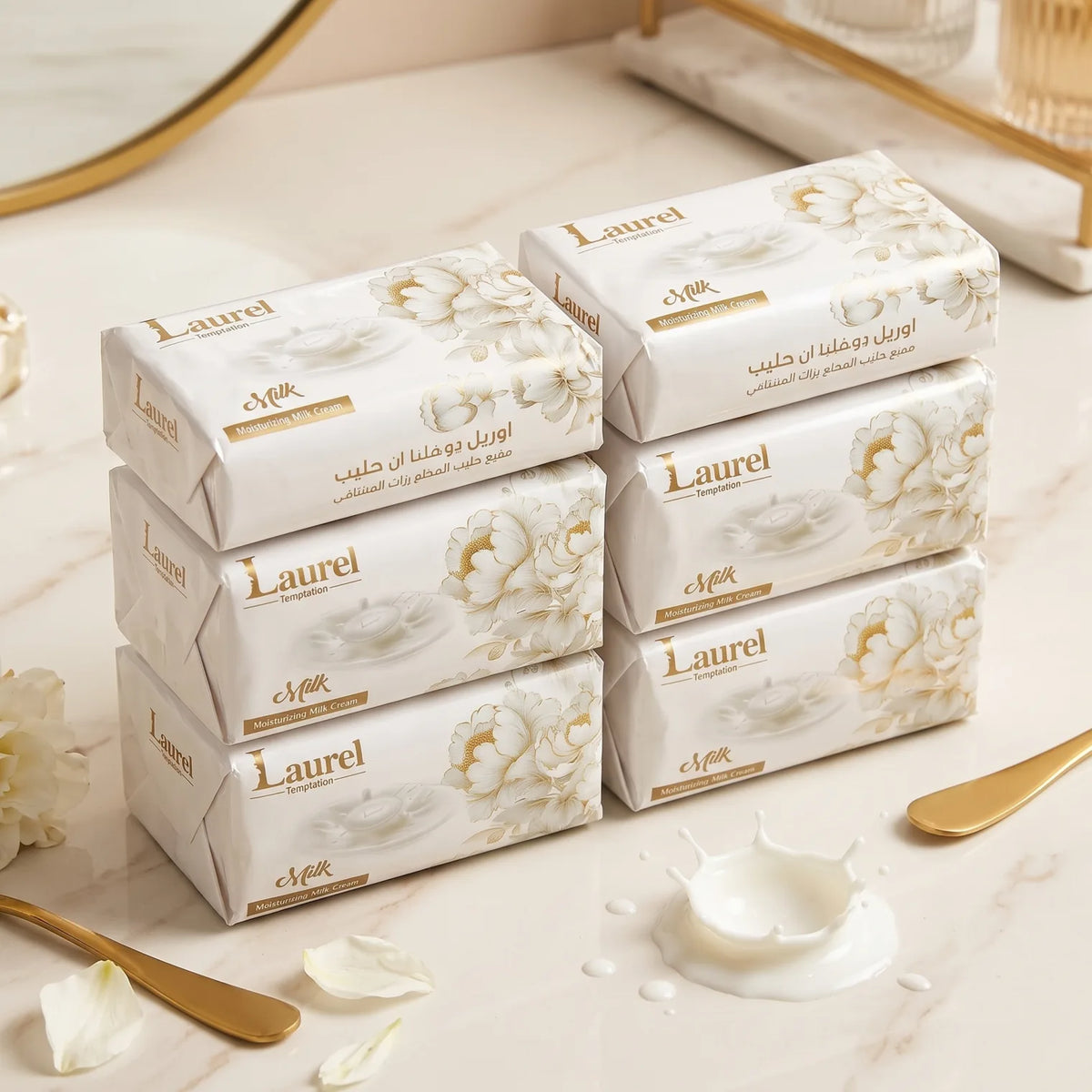 Laurel Temptation Moisturizing Milk Cream – Milk Variant, 6 Packages | White and Gold Floral Design