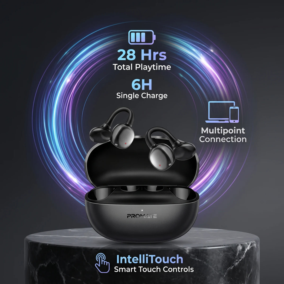 PROMATE AudioFit Open Ear True Wireless Stereo Earbuds – Black | 28 Hours with Case | Multipoint Connection | Smart Touch Controls | Crystal Clear Calls