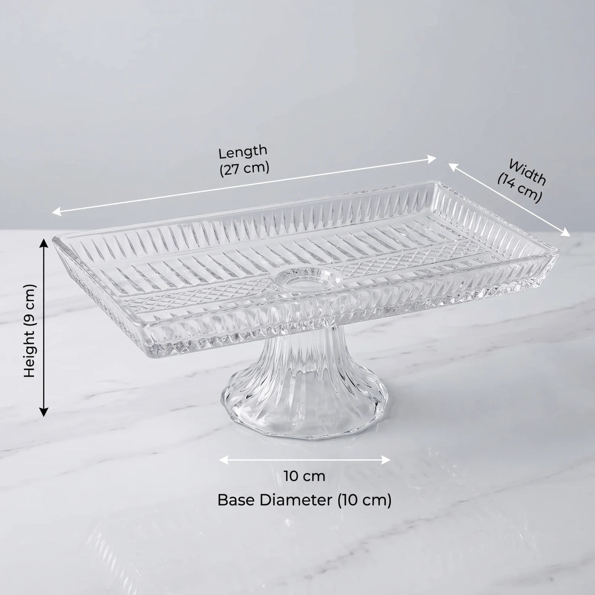 Rectangular Glass Fruit Stand – 27 x 14 x 9 cm | Embossed Texture | Pedestal Base for Fruits, Nuts and Desserts