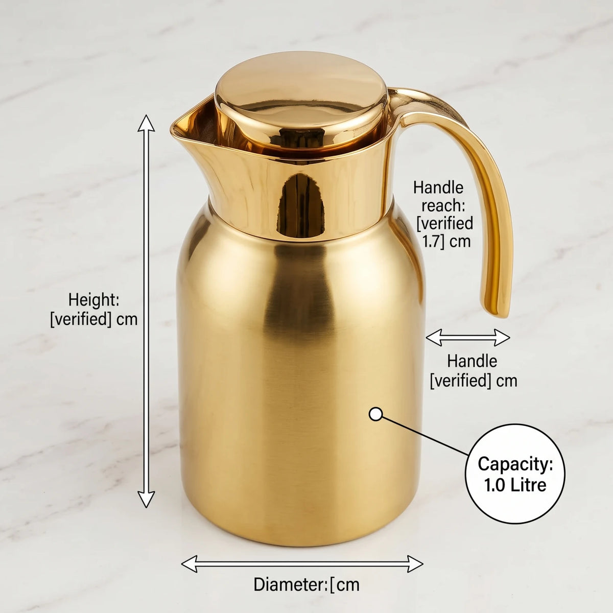 Helios Premium Gold-Finish Stainless Steel Vacuum Flask 1.0 Liter – Leak Proof | Keeps Tea & Coffee Hot 12 Hours, Cold 24 Hours