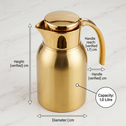 Helios Premium Gold-Finish Stainless Steel Vacuum Flask 1.0 Liter – Leak Proof | Keeps Tea & Coffee Hot 12 Hours, Cold 24 Hours