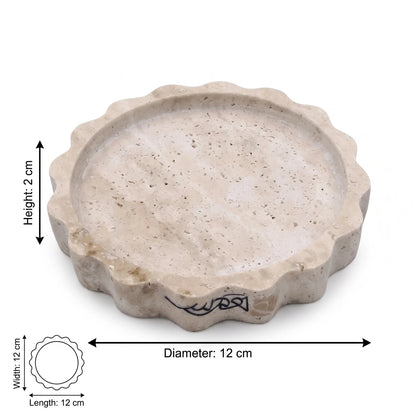 Round Travertine Stone Scalloped Tray – 12 x 12 x 2 cm | Beige Textured Decorative Dish with Recessed Centre
