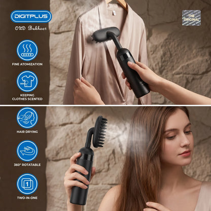 DIGITPLUS OLD Buffalo DP-IB02 Handheld Steam Brush – Black | Fine Atomization | 360° Rotatable Two-in-One Clothes Scenting & Hair Drying
