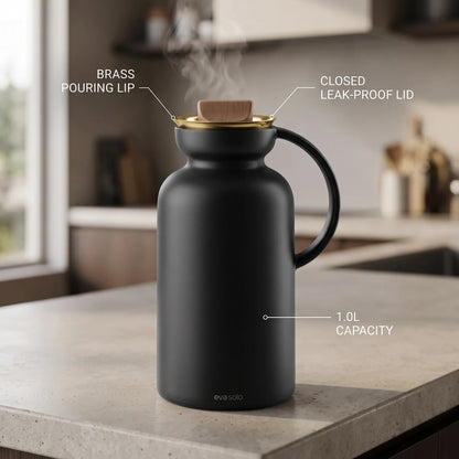 Eva Solo Black Silhouette Vacuum with Brass Pouring Lip – 1.0 Litre | Leak Proof, Keeps Drinks Hot or Cold