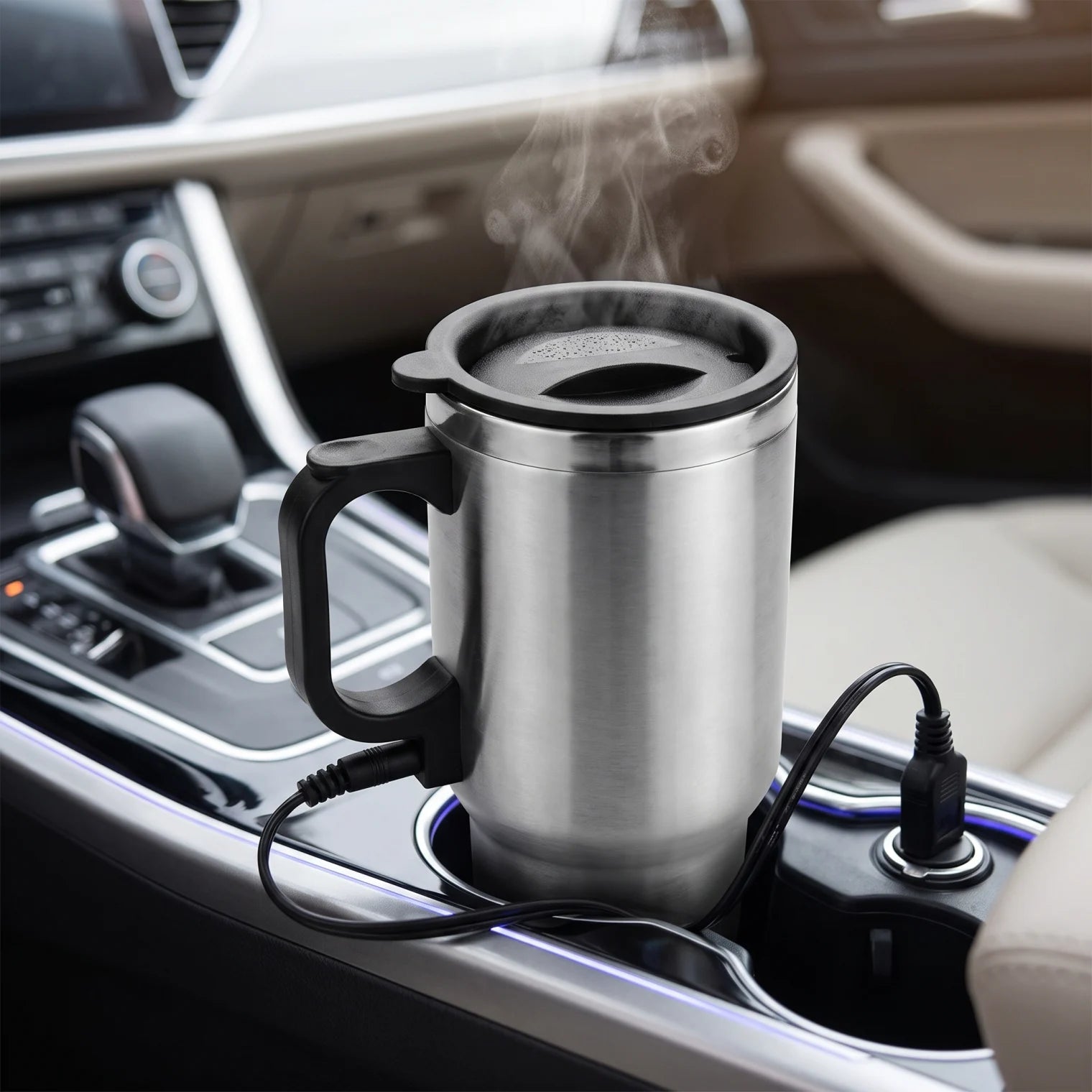 Electric Stainless Steel Car Mug 14oz – Lid, Handle and Vehicle Power Plug | Electric Mug for Car Use