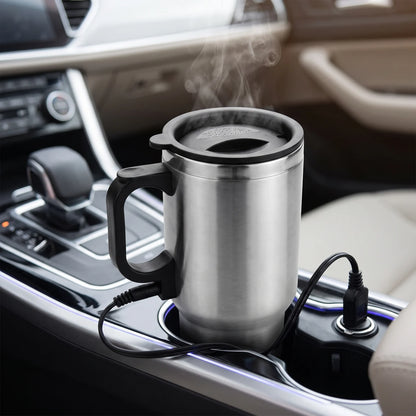 Electric Stainless Steel Car Mug 14oz – Lid, Handle and Vehicle Power Plug | Electric Mug for Car Use