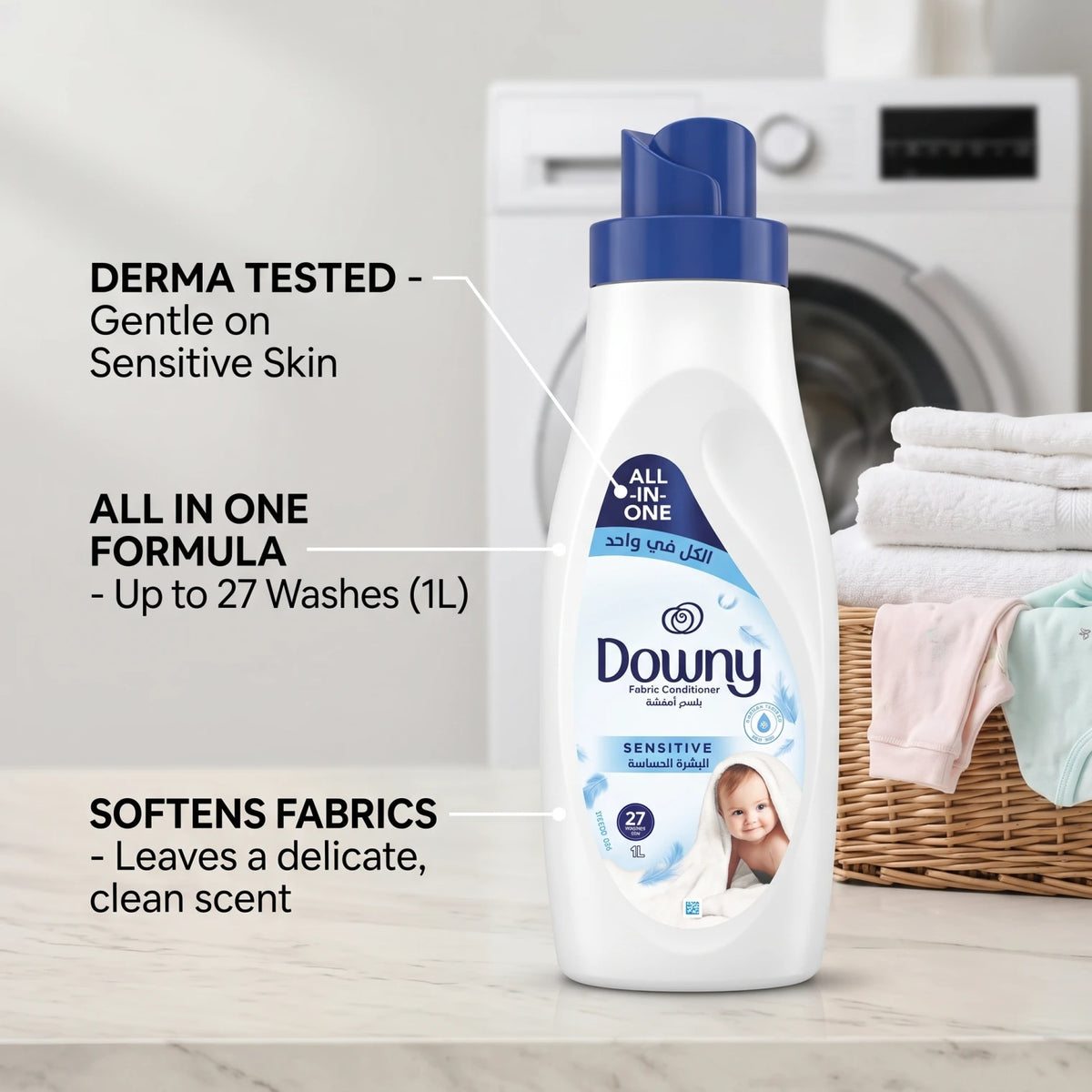 Downy Fabric Conditioner Sensitive 1L – All in One Formula, Up to 27 Washes, Derma Tested