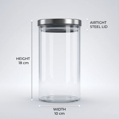 Lord & Lady Storage Jar with Airtight Steel Lid – 18 cm Height, 10 cm Width | Clear Glass Jar with Plum Design and Screw-Top Glassware